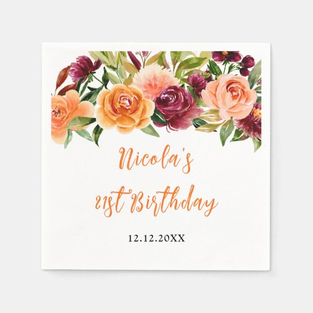 Autumn Burgundy and Orange Floral Birthday Napkins (Front)