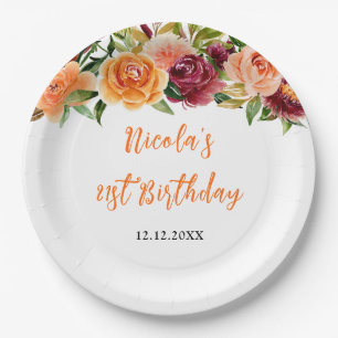 Autumn Burgundy and Orange Floral Birthday Paper Plates