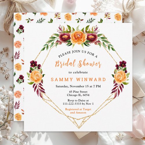 Autumn Burgundy and Orange Floral Bridal Shower Invitation