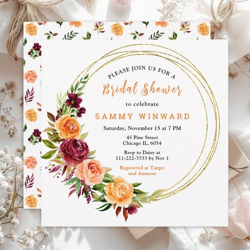 Autumn Burgundy and Orange Floral Bridal Shower Invitation