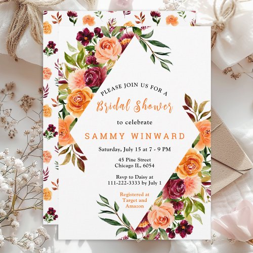 Autumn Burgundy and Orange Floral Bridal Shower Invitation