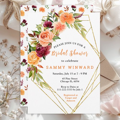 Autumn Burgundy and Orange Floral Bridal Shower Invitation