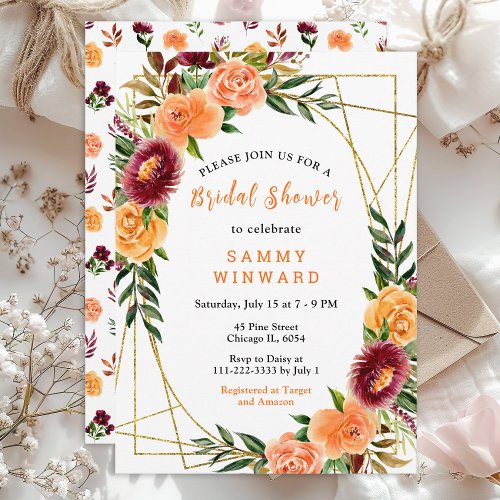 Autumn Burgundy and Orange Floral Bridal Shower Invitation