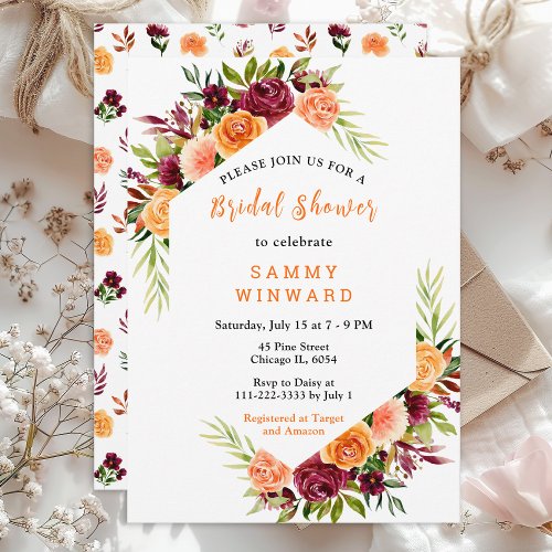 Autumn Burgundy and Orange Floral Bridal Shower Invitation