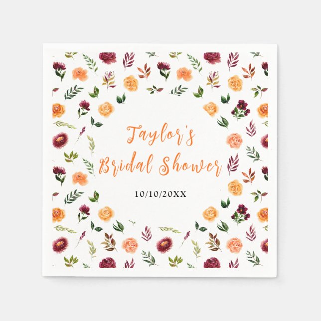 Autumn Burgundy and Orange Floral Bridal Shower Napkins (Front)