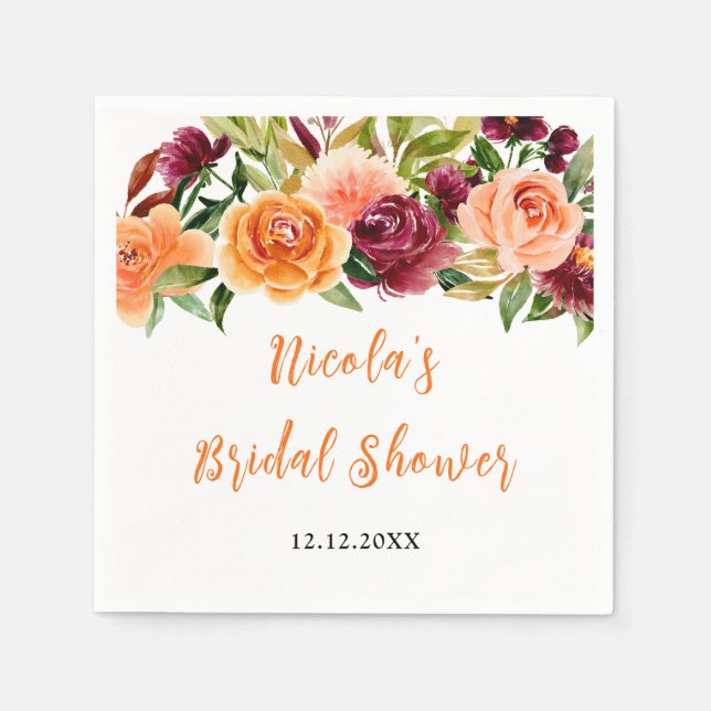 Autumn Burgundy and Orange Floral Bridal Shower Napkins (Front)