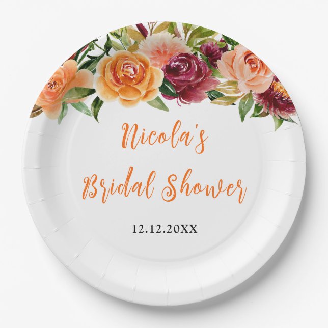 Autumn Burgundy and Orange Floral Bridal Shower Paper Plates (Front)