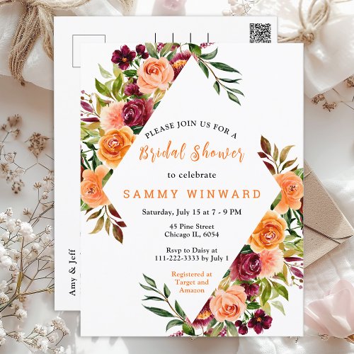 Autumn Burgundy and Orange Floral Bridal Shower Postcard