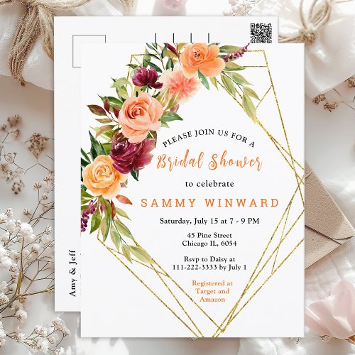 Autumn Burgundy and Orange Floral Bridal Shower Postcard