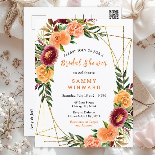 Autumn Burgundy and Orange Floral Bridal Shower Postcard