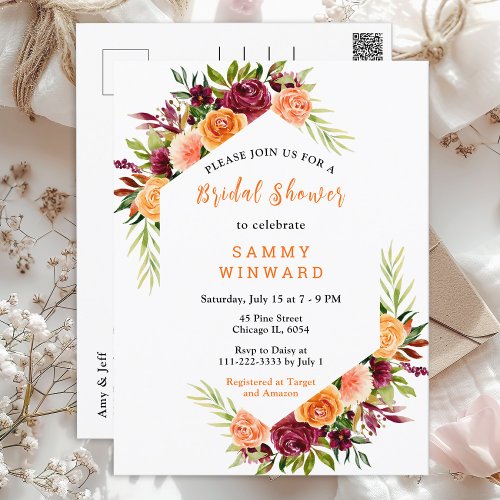 Autumn Burgundy and Orange Floral Bridal Shower Postcard