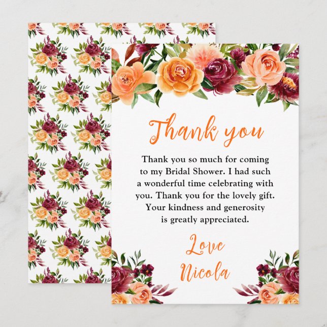 Autumn Burgundy and Orange Floral Bridal Shower Thank You Card (Front/Back)