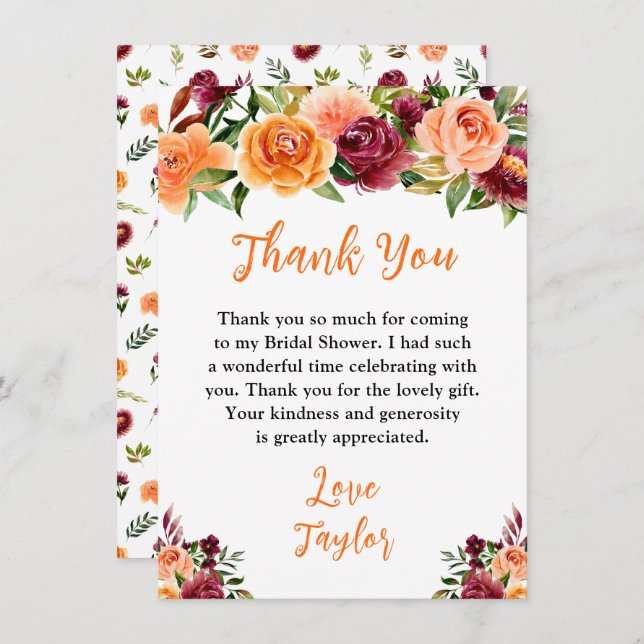 Autumn Burgundy and Orange Floral Bridal Shower Thank You Card (Front/Back)