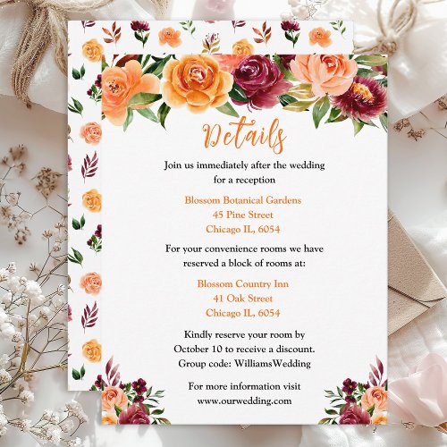 Autumn Burgundy and Orange Floral Wedding Details Enclosure Card