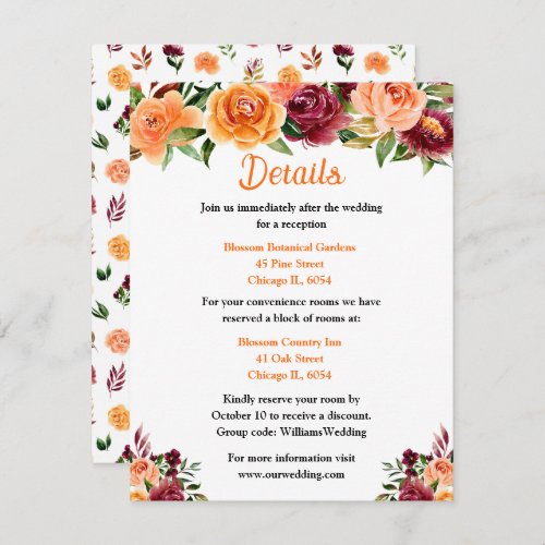 Autumn Burgundy and Orange Floral Wedding Details Enclosure Card