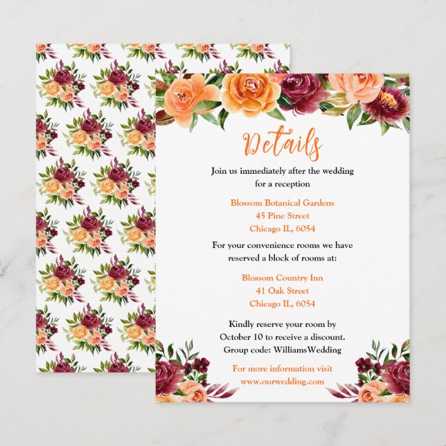 Autumn Burgundy and Orange Floral Wedding Details Enclosure Card (Front/Back)