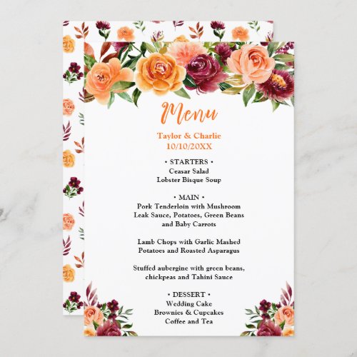 Autumn Burgundy and Orange Floral Wedding Menu