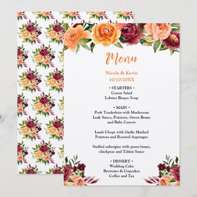 Autumn Burgundy and Orange Floral Wedding Menu (Front/Back)