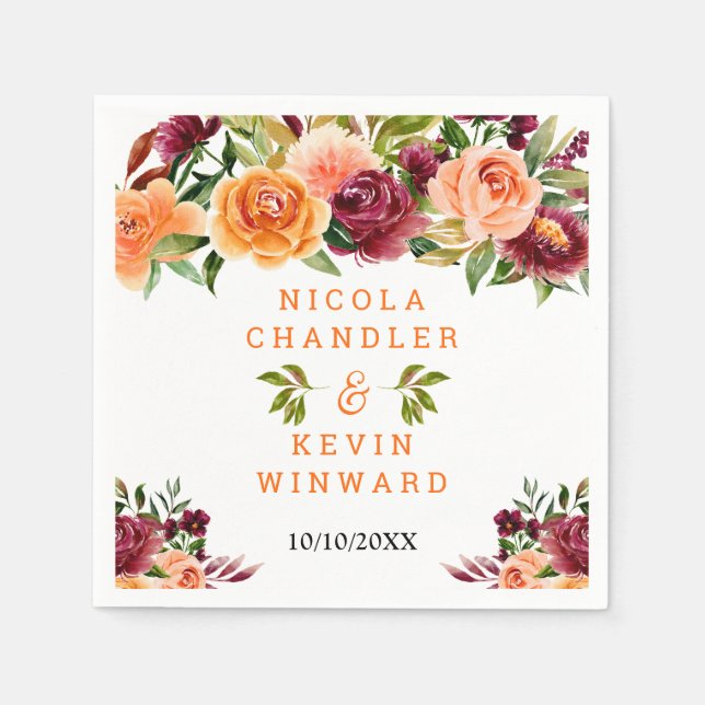 Autumn Burgundy and Orange Floral Wedding Napkins (Front)