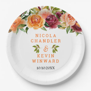 Autumn Burgundy and Orange Floral Wedding Paper Plates