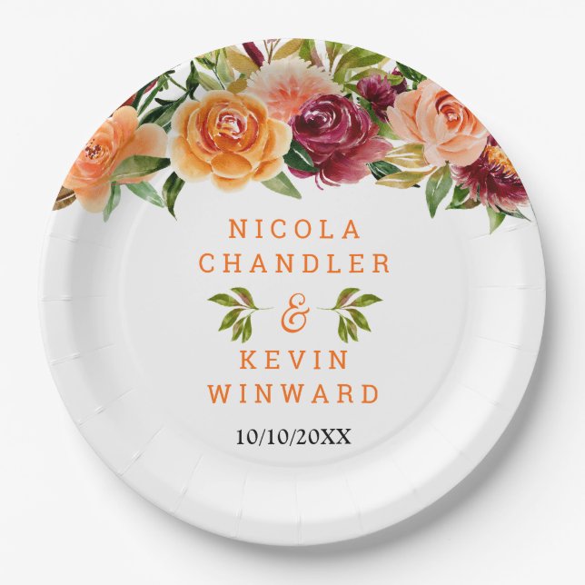 Autumn Burgundy and Orange Floral Wedding Paper Plates (Front)