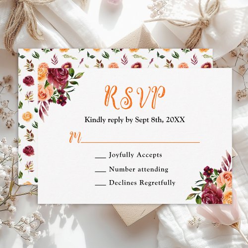 Autumn Burgundy and Orange Floral Wedding RSVP Card