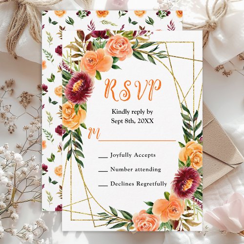 Autumn Burgundy and Orange Floral Wedding RSVP Card