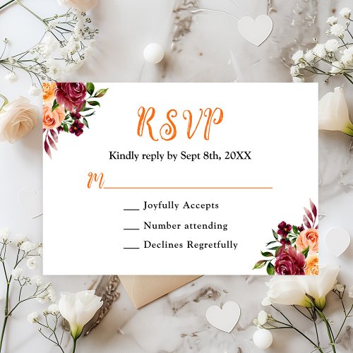 Autumn Burgundy and Orange Floral Wedding RSVP Card