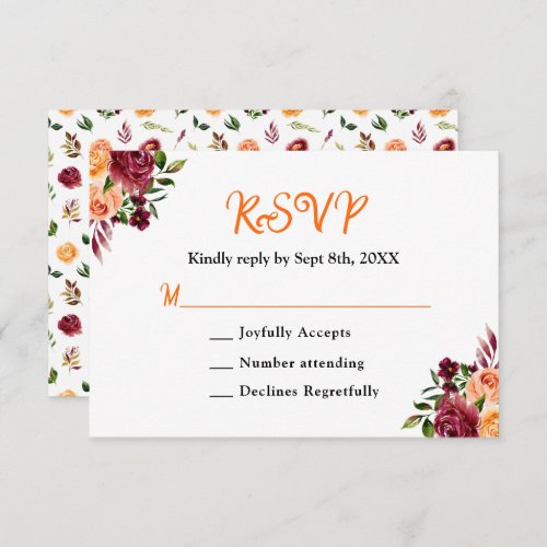Autumn Burgundy and Orange Floral Wedding RSVP Card