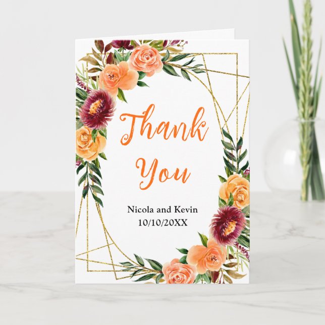 Autumn Burgundy and Orange Floral Wedding Thank You Card (Front)