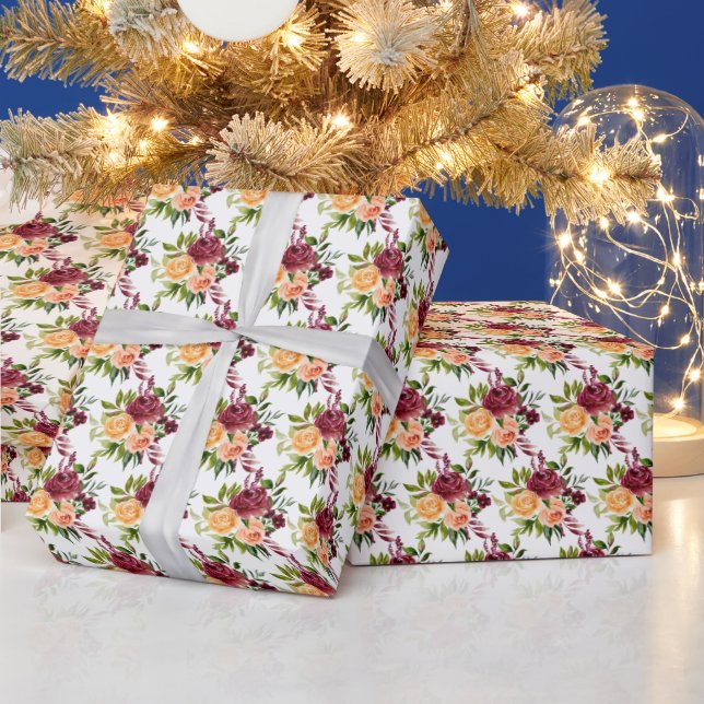 Autumn Burgundy and Orange Floral Wrapping Paper (Holidays)