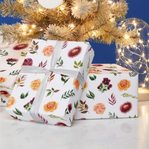 Autumn Burgundy and Orange Floral Wrapping Paper