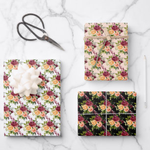 Autumn Burgundy and Orange Floral Wrapping Paper Sheets