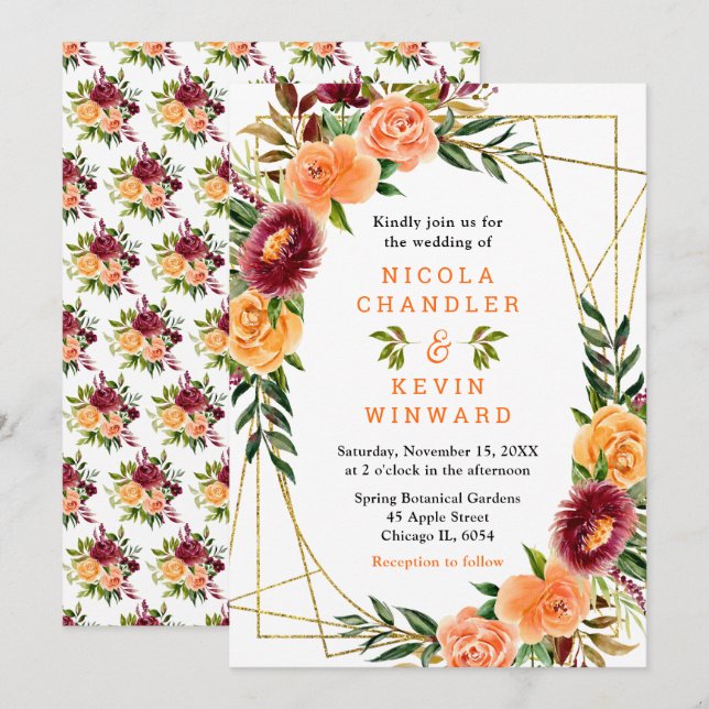 Autumn Burgundy and Orange Flowers Invitation (Front/Back)