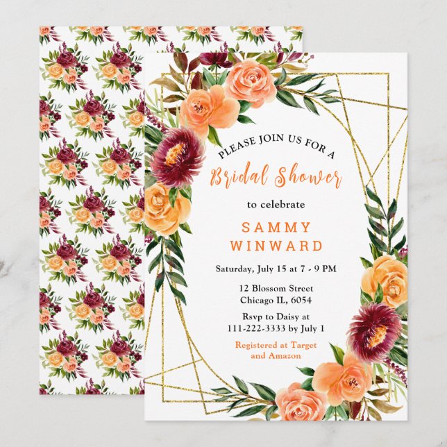 Autumn Burgundy and Orange Flowers Invitation (Front/Back)