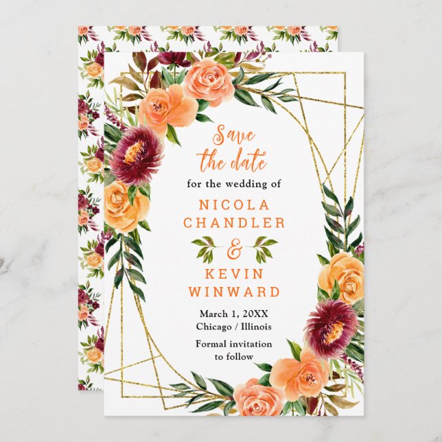 Autumn Burgundy and Orange Flowers Save The Date (Front/Back)
