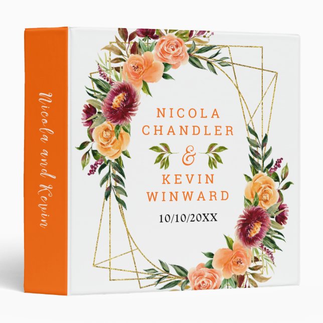 Autumn Burgundy and Orange Wedding Photo Album 3 Ring Binder (Front/Spine)