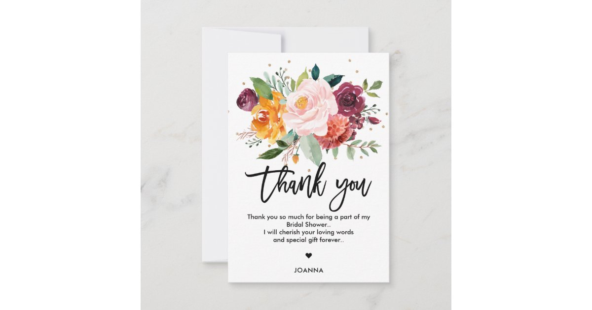 Autumn Burgundy Blush Floral Blossom Bridal Shower Thank You Card | Zazzle