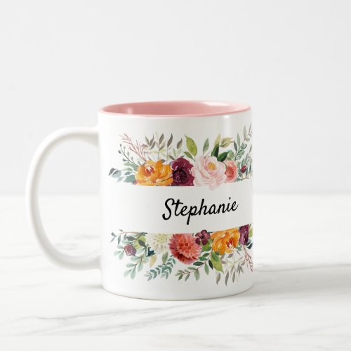 Autumn Burgundy Blush Floral Blossom Bridal Shower Two_Tone Coffee Mug