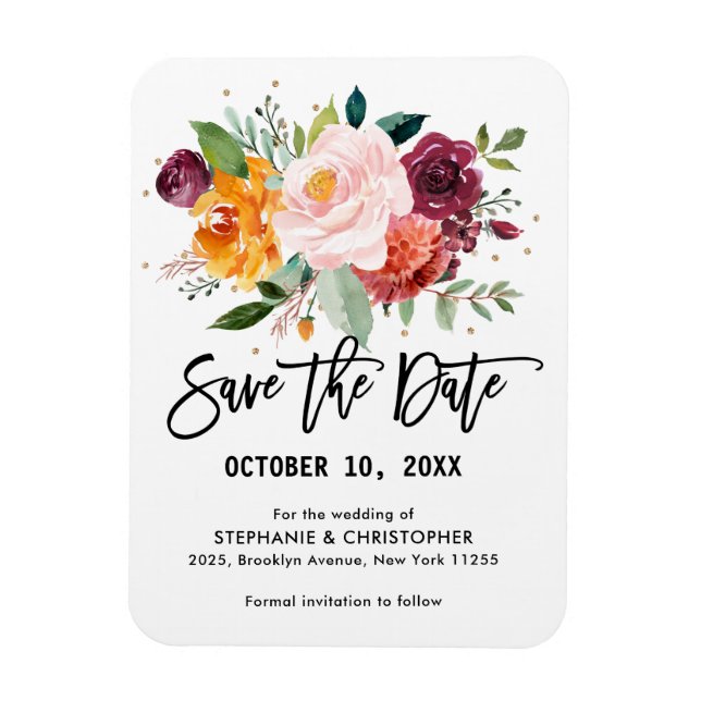 Autumn Burgundy Blush Floral Blossom Save the date Magnet (Vertical)