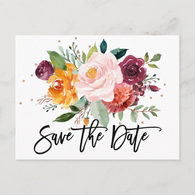 Autumn Burgundy Blush Floral Blossom Save the date Postcard (Front)