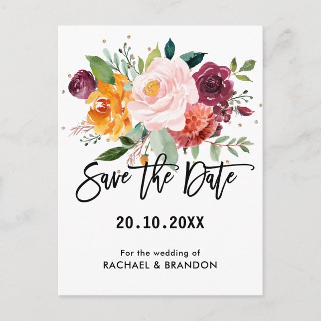 Autumn Burgundy Blush Floral Blossom Save the date Postcard (Front)