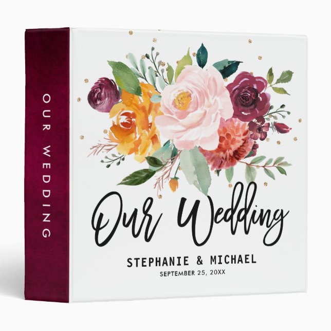 Autumn Burgundy Blush Floral Blossom Wedding Album 3 Ring Binder (Front/Spine)