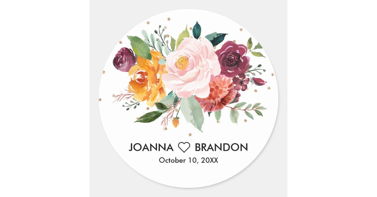Autumn Burgundy Blush Floral Blossom Wedding Classic Round Sticker | Zazzle