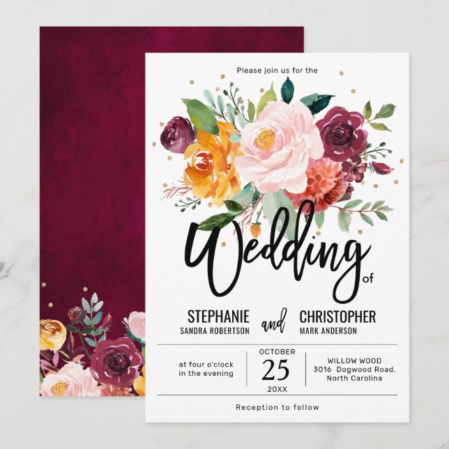 Autumn Burgundy Blush Floral Blossom Wedding Invitation (Front/Back)