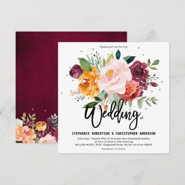 Autumn Burgundy Blush Floral Blossom Wedding Invitation (Front/Back)