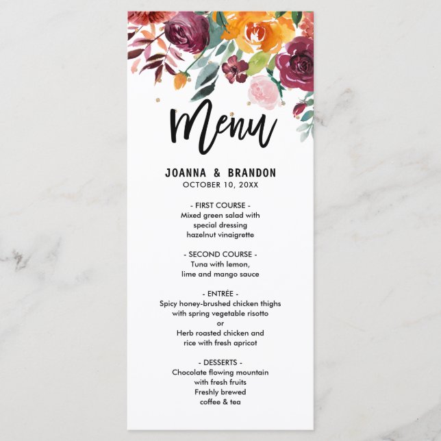 Autumn Burgundy Blush Floral Blossom Wedding menu (Front)