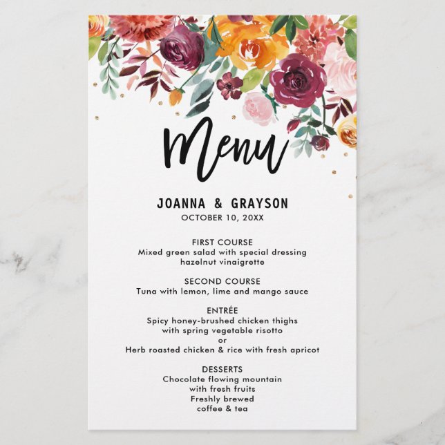 Autumn Burgundy Blush Floral Blossom Wedding menu (Front)