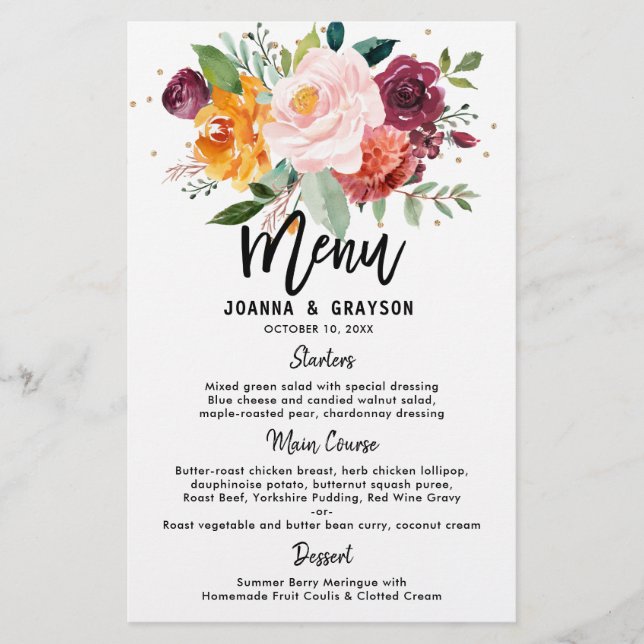 Autumn Burgundy Blush Floral Blossom Wedding menu (Front)