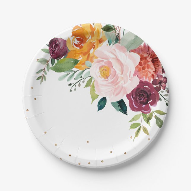 Autumn Burgundy Blush Floral Blossom Wedding Paper Plates (Front)